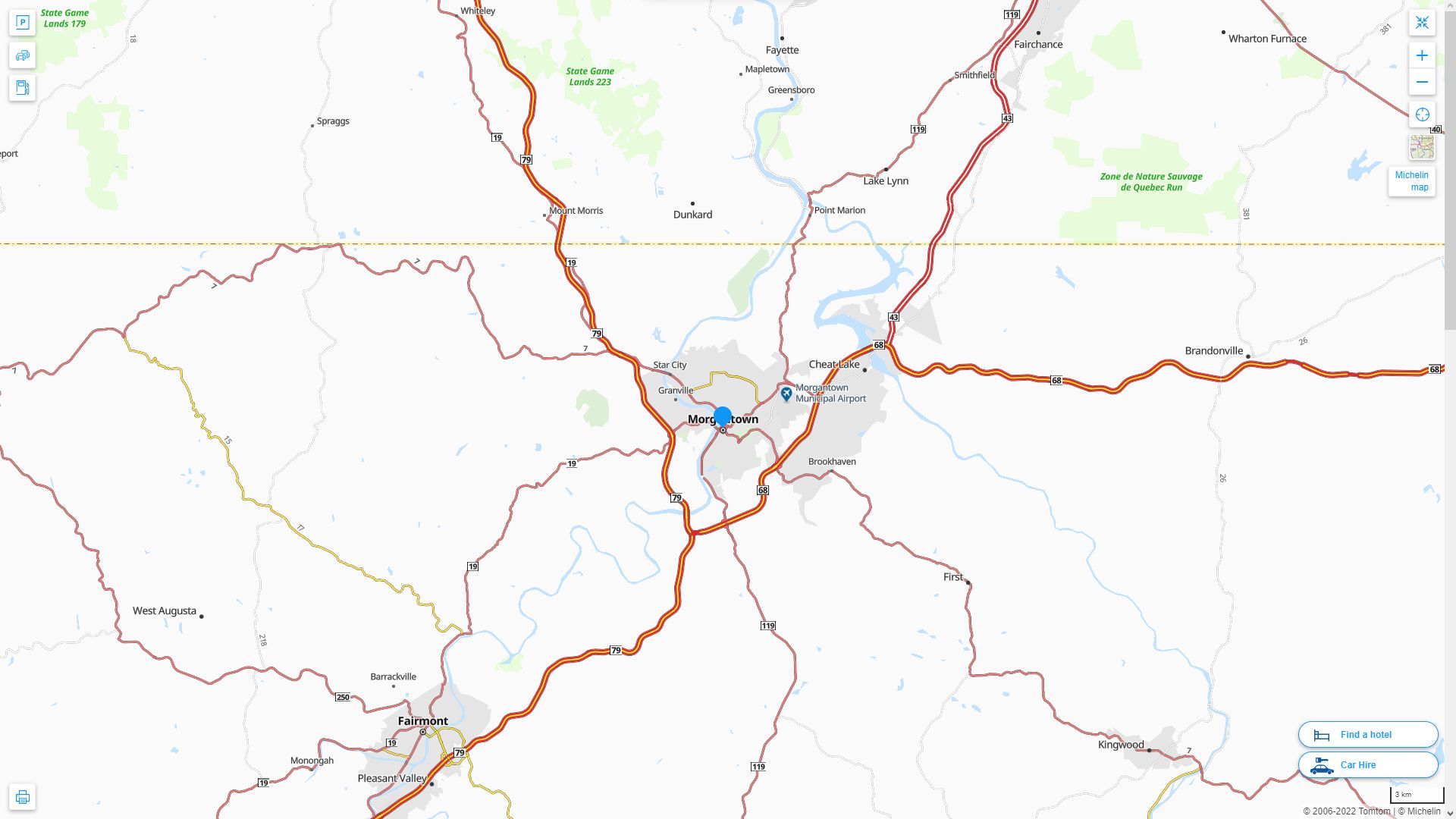 Morgantown West Virginia Highway and Road Map